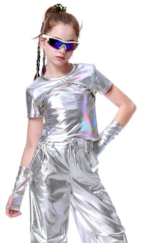LOLANTA Top Metálico Camisa Danza Niña Jazz Moderno Hip-Hop Discoteca Top Brillante para Baile con Mangas Metálicas