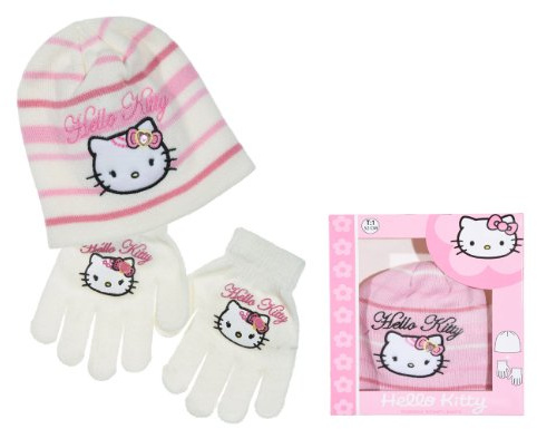 Geschenkset Mütze + Handschuhe für Kinder, Mädchen, Hello Kitty, ecru/rosa, 3/5 Jahre