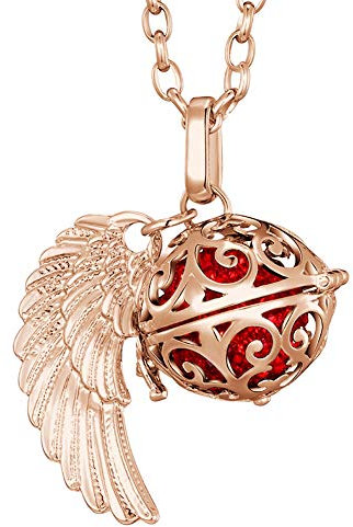 Morella Halskette Damen roségold Edelstahl 70 cm mit roségoldenem Anhänger Engelsflügel und Klangkugel Zikonia rot Ø 16 mm in Schmuckbeutel