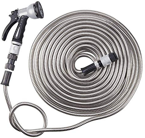 Garden Gear Easy Hose Stainless Steel Garden Water Hosepipe Rust Proof & Tangle Free with Hand Held Spray Nozzle (25ft)