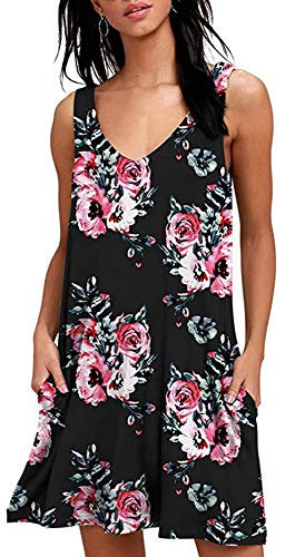 CLOUSPO Robe Col V Femme Été Chic Robe de Plage Casual Imprimé Fleurie sans Manches (Rose Noir, S)