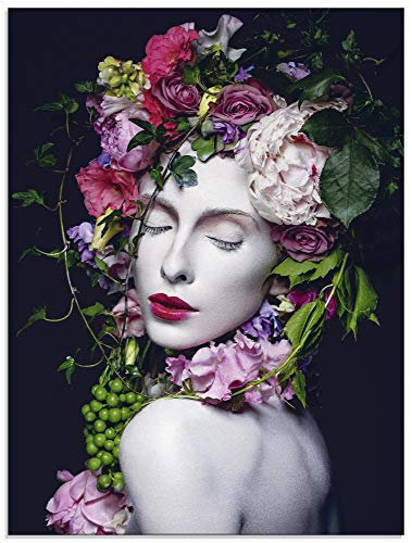 ARTland Wanddeko Glasbilder Wandbild Glas Bild einteilig 45x60 cm Hochformat Portrait Frau Krone Blumen Blüte Kunst Abstrakt Bunt U1UH