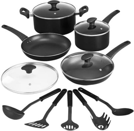 bella Juego de utensilios de cocina, 12 ollas y sartenes con utensilios, antiadherente sin PFOA, superficie de cocción resistente a los arañazos, compatible con todas las estufas, nailon y aluminio,