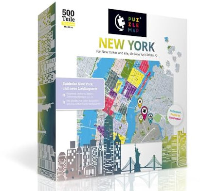 PuzzleMap New York (Manhattan) Puzzle Stadtplan | XXL 500 Teile | Mit Booklet & Faltkarte | 48x68cm Motivgröße | Reiseführer Geschenk Souvenir