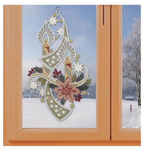 Fensterbild Zwei Kerzen mit Schleife aus Vogtländischer Spitze | Moderne Dekoidee Adventskerzen mit goldenen Details| Spitzenbild Höhe x Breite 38 x 21 cm | Winterdeko inkl. Saughaken