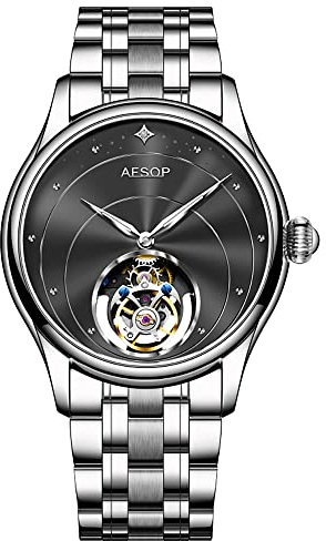 Aesop Tourbillon Herrenuhren Mechanische Handaufzug Armbanduhren Skelett Edelstahl Analog Saphirglas 30M Wasserdicht Klassisches Kleid Luxus Elegant Business Uhr 7048(Schwarz/Edelstahl)
