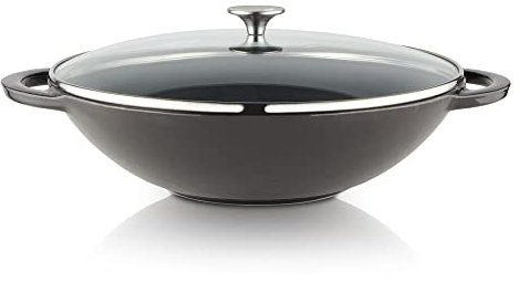 MEISTERKOCH Premium Wokpfanne | 37 cm, 6 l Volumen | Profi-Pfanne aus emailliertem Gusseisen induktionsgeeignet, spülmaschinengeeignet | für alle Herdarten und Ofen geeignet