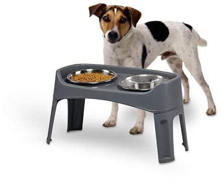 Iris Ohyama, Gamelle pour Chien, Support Gamelle Chien Surelevee, Double Bol INOX, Lot de 2, Hauteur Réglable, Anti Eclaboussure, Pliable, Digestion Fluide, pour Chat, Croquette, Eau, PEF-L, Gris