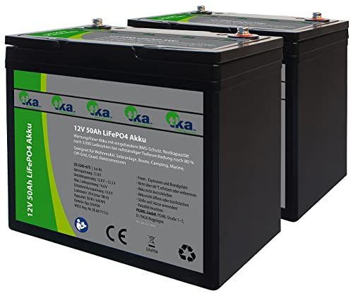 tka Köbele Akkutechnik LiFePO4 Zelle: 2er-Set LiFePO4-Akkus, 12 V, 50 Ah / 640 Wh, BMS, für Solaranlagen (Notstrom Akkus, 12V Blockakku)