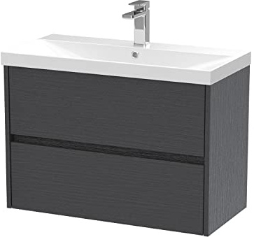 Hudson Reed HAV2206D Havana Modern Bathroom Wall Hung 2 Drawer Vanity Basin Unit & Thin-Edge Ceramic Basin, 800mm, Woodgrain Graphite Grey