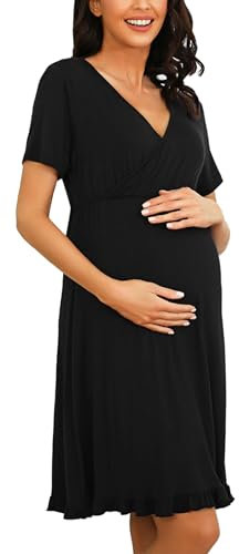 Bresdk Chemise de Nuit Allaitement Femmes Enceintes à Manches Courtes Nuisette Allaitement Coton Robe Maternité à Volants Col V Vêtements de Nuit, Manche Courte - à Volants - Noir, XXL
