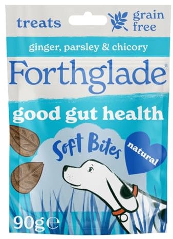 Forthglade Natural Dog Treats (8 x 90g Bags) - Hypoallergenic & Grain Free Dog Treats with Chicken, Ginger, Parsley & Chicory, Soft Bites for Good Gut Health, Resealable Bags