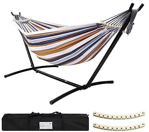 SZHLUX Hamaca doble con soporte incluido, soporte de acero de capacidad de 450 libras, bolsa de transporte premium incluida y dos vigas de equilibrio antivuelco, hamaca portátil con soporte para patio