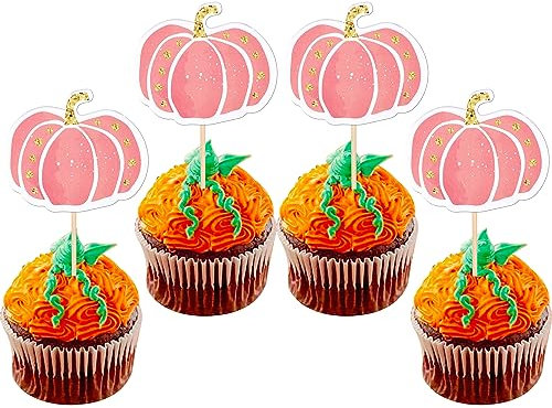 30 Stück Kürbis Tortendeko Herbst Ernte Cupcake Toppers für Baby Dusche Herbst Ernte Thema Party Kuchen Deko Kinder Geburtstag Party Kuchen Dekorationen Rosa