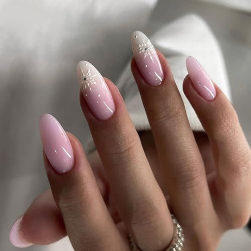MouyouGlow Press on Nails Kurz,Almond Nude Pink Snowflake Glitzer Weiß French Tips Fake Nails Kunstnägel mit Nagelkleber,Mandel Winter Künstliche Fingernägel