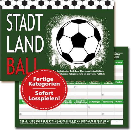 KARTENVERSAND24 Stadt Land Fussball | Fussball Geschenke Block DIN A4 als Geburtstagsgeschenk für Fußballfans Jungs Jungen Spiele Fußball Geschenk ab 9 10 11 Jahren Quiz Fußballspiel Kinder (Ball)