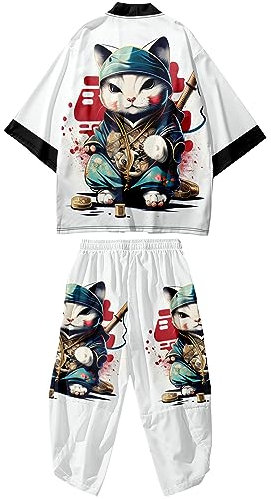 DOSLAVIDA Ensemble cardigan kimono japonais pour homme style chinois avec veste imprimée et pantalon, haut à sept manches et short, taille M, 01-blanc