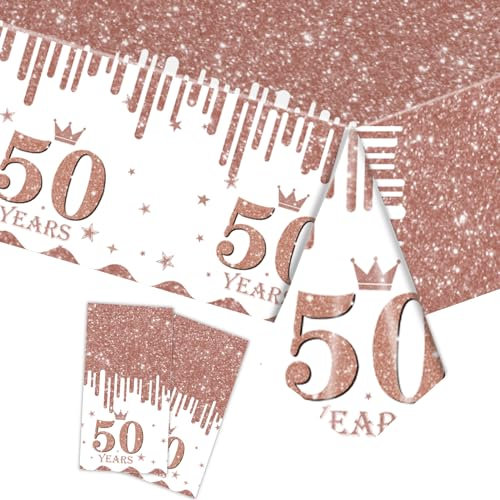 COSORO 2pcs Rose Gold Happy 50th Birthday Table Cloth,137*274cm 50th Tablecloth for Women 50th Birthday Table Decorations,Plastic Tablecloths Table Cover for Adults Her 50th Birthday Decorations