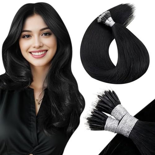 LaaVoo Nano Hair Extensions Real Human Hair Black Nano Beads Hair Extensions 24 Inch Natural Black Invisible Nano Ring Straight Remy Hair 50g 50s #1