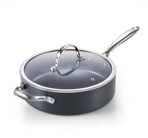 Cooks Standard 4-QT Nonstick Deep Sauté Pan with Lid, 10.5-inch Deep Frying Pan Hard Anodized Ceramic Nonstick Induction Cookware, Oven Safe Large Skillet Jumbo Cooker Sartén, Helper Handle, Black
