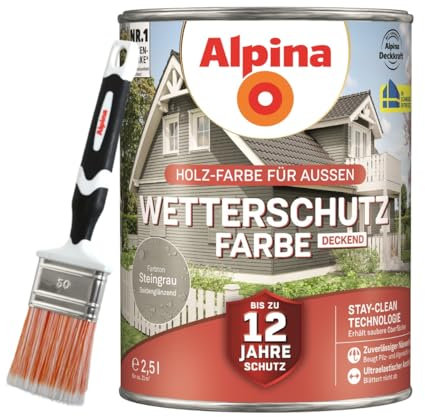 Alpina Holz-Wetterschutz-Farben inkl. Pinsel 50 mm - Steingrau, deckend - bis zu 12 Jahre Schutz vor Witterung und Nässe – schmutzabweisend, deckend & ergiebig – 2,5 L