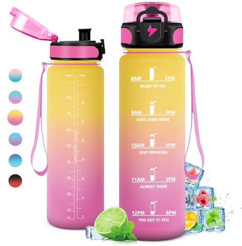 Gourde 1L, Gourde Sport, Étanche et Réutilisable, Bouteille d'eau 1 Litre avec Marqueur de Temps et Filtre, Bouteille pour Adulte, l'école, Cyclisme, Voyage, Camping, Fitness, Yoga, Bureau, Gym