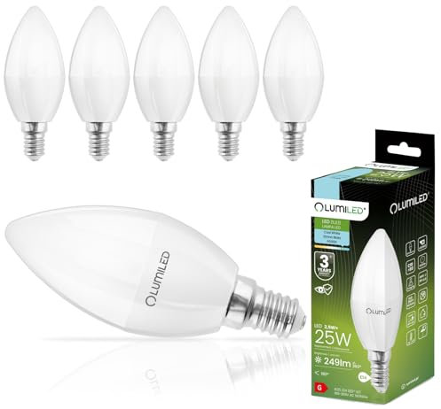 Lumiled B35 E14 LED Lampe 2,5W (ersetzt 25W), 249 Lumen, Kerze Milch Glas Leuchtmittel in Kerzeform 6500K Kaltweiß Birne Lampen 180° Grad Abstrahlwinkel Glühbirnen Kerzenbirnen 6er-Pack