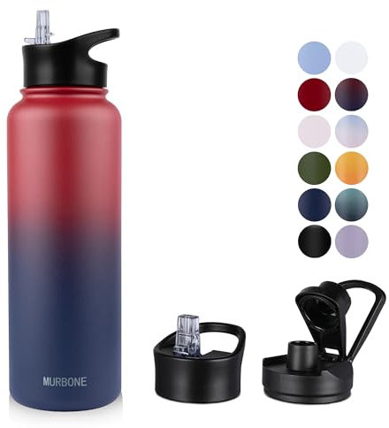 MURBONE Edelstahl Trinkflasche 1.2L (+2 Deckel)-mit Strohhalm,BPA frei,Thermosflasche Auslaufsicher,Kohlensäure Geeignet,Thermoskanne Vakuum Doppelwandisolierung für Sport, Reisen, Camping