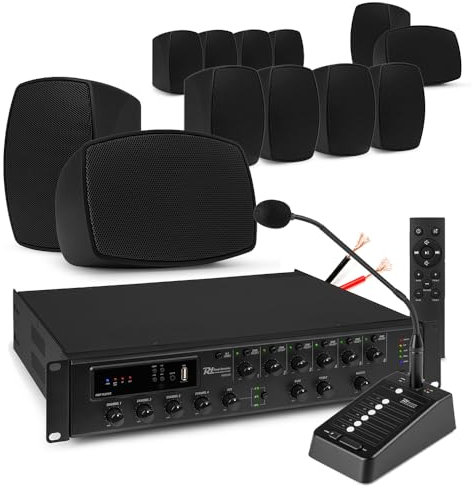 12x PD BHW40BK 4 Wall Mounted Speakers with 6-Zone Paging Mic, weatherproof outdoor pa system, Outdoor loudspeaker System, 240W Wall Mounted Speaker with Bluetooth, Internet Radio, and USB Playback