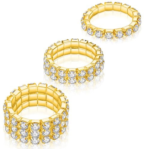 Kucheed 3 Stück Strass Stretchring, Modisches Set mit Stapelbaren Fingerringen aus Kristall, Niedlicher Zehenring Körperschmuck, Diamant Gummiband Ring, Funkelnder Daumen Finger Ring (Gold)