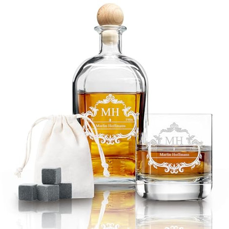 LOOXIS Personalisiertes Whisky Geschenkset mit Namen & Motiv graviert - inkl. 1x 300ml Whiskyglas, 700ml Karaffe, 1x Steineiswürfel- Geschenkidee Männer, Vatertag, Weihnachten - Geschenkset 1, Motiv 1