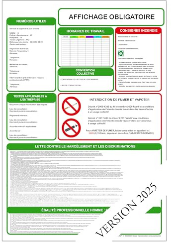 Affichage OBLIGATOIRE pour toutes les entreprises dès le 1er salarié - Toutes les informations obligatoires regroupées sur un seul panneau en format portrait - Affichage format A4 plastifié, Matt.