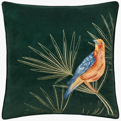Paoletti Odisha Exotic Bird Embroidered Feather Filled Cushion - Emerald - 45x45cm