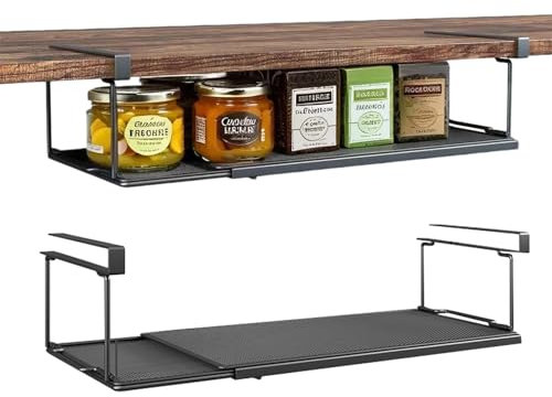 Pinkgarden Panier de Rangement Suspendu Extensible, Panier Métallique sous Étagère, Organiseur sans Perçage pour Cuisine, Bureau, Placard ou Garde-Manger (Standard, Noir)