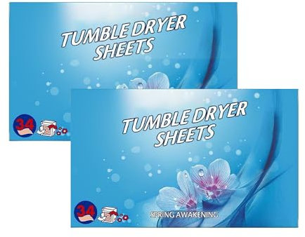 Tumble Dryer Sheets Pack of 2 – 68 Fabric Conditioner Sheets with Spring Awakening Fragrance, Softens Laundry, Reduces Static & Wrinkles, Keeps Clothes Fresh, All Dryer Loads By Zinnia