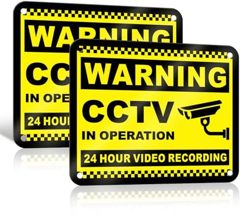Goodvia CCTV Warning Signs for Home Alu with Self-adhesive 12x10cm, 24 Hours Video Recording In Progress Sign Indoor Outdoor Yellow x2pcs