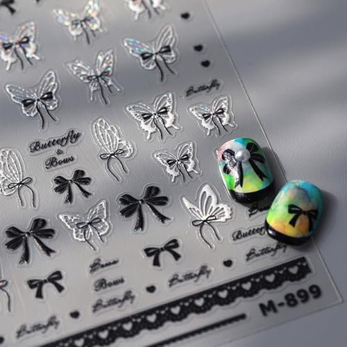 JMEOWIO 3D Embossed Black White Bow Butterfly Nail Art Stickers Decals Self-Adhesive 5D Nail Supplies Nail Art Design Decoration Accessories 1 Sheets