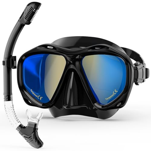 MELUMILU Snorkeling Gear for Adults, Snorkel Mask With Mirrored Tempered Glass Lens 180° Wide View Anti-Fog Scuba Diving Mask, Professional Snorkel Set for Swimming Diving, Gifts for Women Mom Men Dad