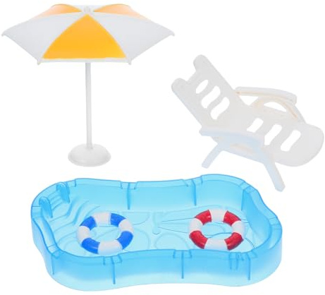 CIYODO 1 Set Miniatur-Schwimmbad-Dekoration: Mini-Puppenhaus, Strandpool, Schwimmring, Stuhl, tragbares Möbelmodell zum Spielen für Kinder und den Sommer