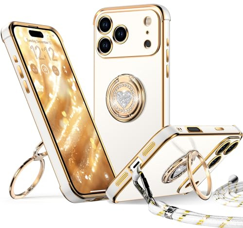XYZ für iPhone 17 Pro Hülle mit Band, Weiß | Herzen Doppelring Ständer HandyHülle, Frauen Mädchen Dünn Stoßfeste Case mit Handykette, Anti Kratzt SchutzHülle