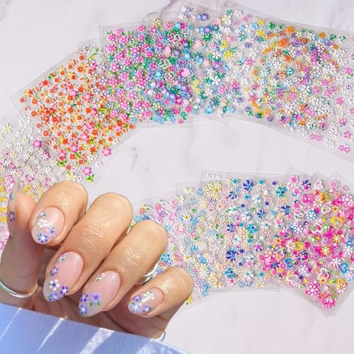VelvetGlow 30 Blatt Blumen Nagelsticker, Bunte 3D Selbstklebesticker, Niedliche GäNseblüMchen-Nagelaufkleber, Herz Nagelkunst AnhäNger FüR DIY Design