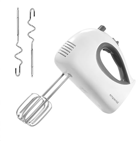 Emperial Hand Mixer White, Whisk for Baking, Speeds with Turbo Boost | Electric Hand Mixer, Stainless Steel Beaters & Dough Hooks, Easy Clean, Eject Button