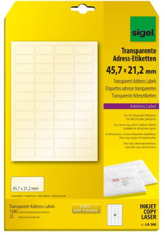 Sigel LA360 Adress-Etiketten transparent, 45,7 x 21,2 mm, 1200 Etiketten = 25 Blatt, abgerundete Ecken