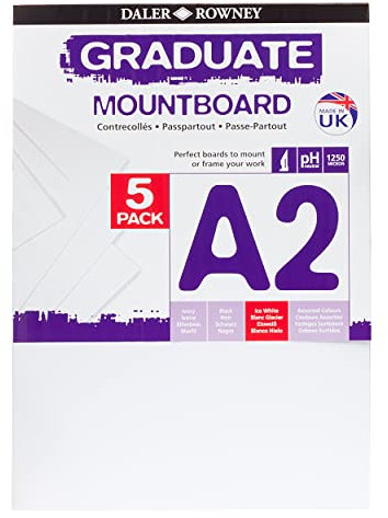 Daler-Rowney Graduate Cream Core A2 Mountboard Pack, 5 x Ice White Smooth Surface, 1.25mm Thick, Ideal for Student Artists & Hobbyists
