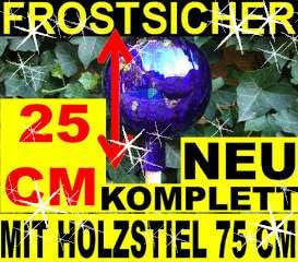 BTV Gartenkugel-Gartendeko Rosenkugel,Glas verspiegelt, handwerklich hergestellt,25 cm,KOMPLETT MIT Holz-STIEL, gartendeko Kugel FROSTSICHER, LICHT- und WETTERFEST, Gross blau mit Silber Tupfen Punkt