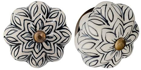 Nicola Spring Ceramic Cupboard Drawer Handle Knobs - Vintage Flower Design - Black - Pack of 6