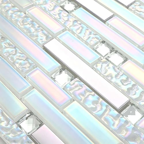 Glass Metal Mosaic Backsplash Iridescent White Crystal Glass and Silver Stainless Steel Blends Interlocking Strip Wall Tiles Random Brick Pattern (Approx. 6 Square Feet)