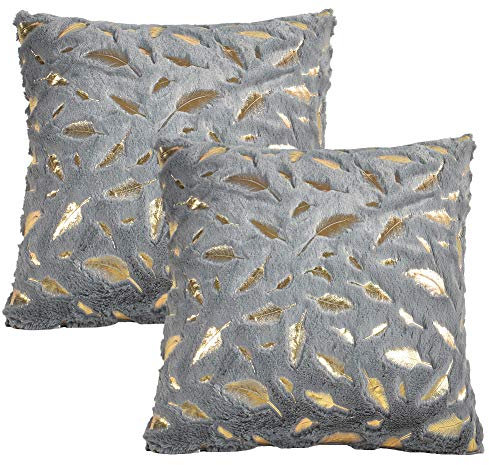 JOTOM Feder Plüsch Kissenbezug, Gold Fell Dekokissen Kissenhülle für Couch Sofa Home Bett Büro Deko, 40 x 40 cm, 2er Set (Grau)