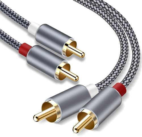Cinch-Kabel, 1.8 m,[2 Stück] Cinch-Audiokabel, geschirmt, Nylongeflecht, Stereo, 2 RCA-Stecker auf 2 Cinch-Stecker auf Stecker, für Lautsprecher, Subwoofer, HiFi-Systeme -Grau