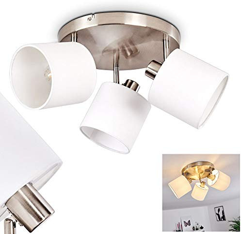Deckenleuchte Alsen, runde Deckenlampe aus Metall/Stoff in Nickel-matt/Weiß, 3-flammig, mit verstellbaren Strahlern, 3 x E14, Spot mit Stoff-Schirmen im Retro/Vintage Design, ohne Leuchtmittel